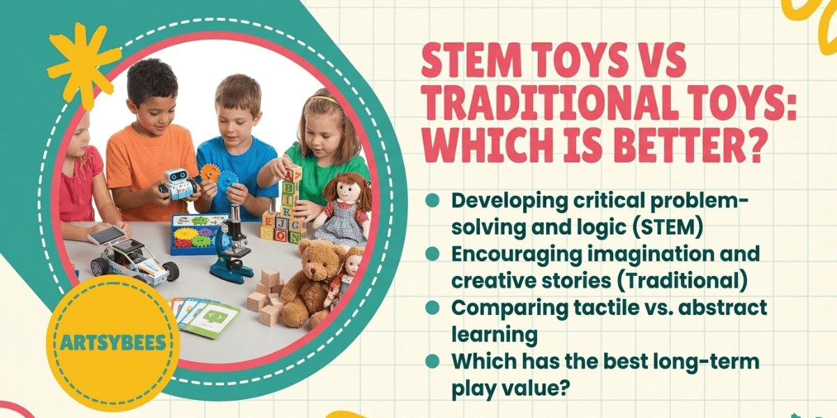 Children playing with STEM toys and traditional toys to compare learning, creativity, and developmental benefits.